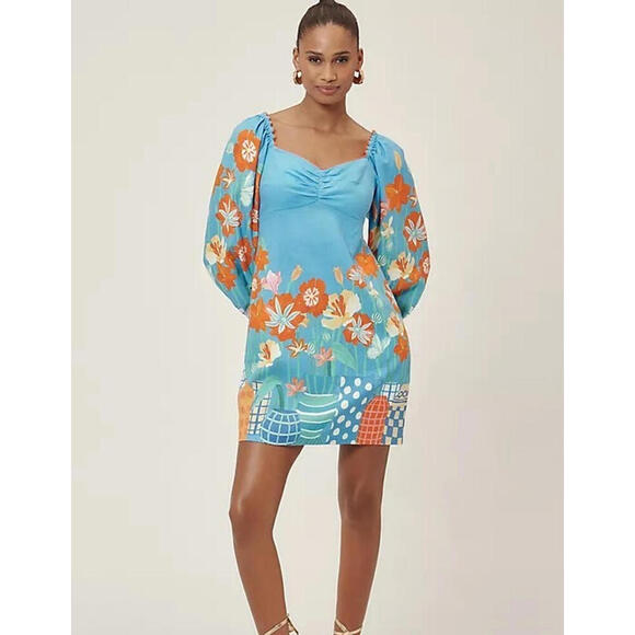 Farm Rio Linen Blend Floral Printed Mini Dress Long Sleeves Size L Spring Garden - Picture 1 of 3